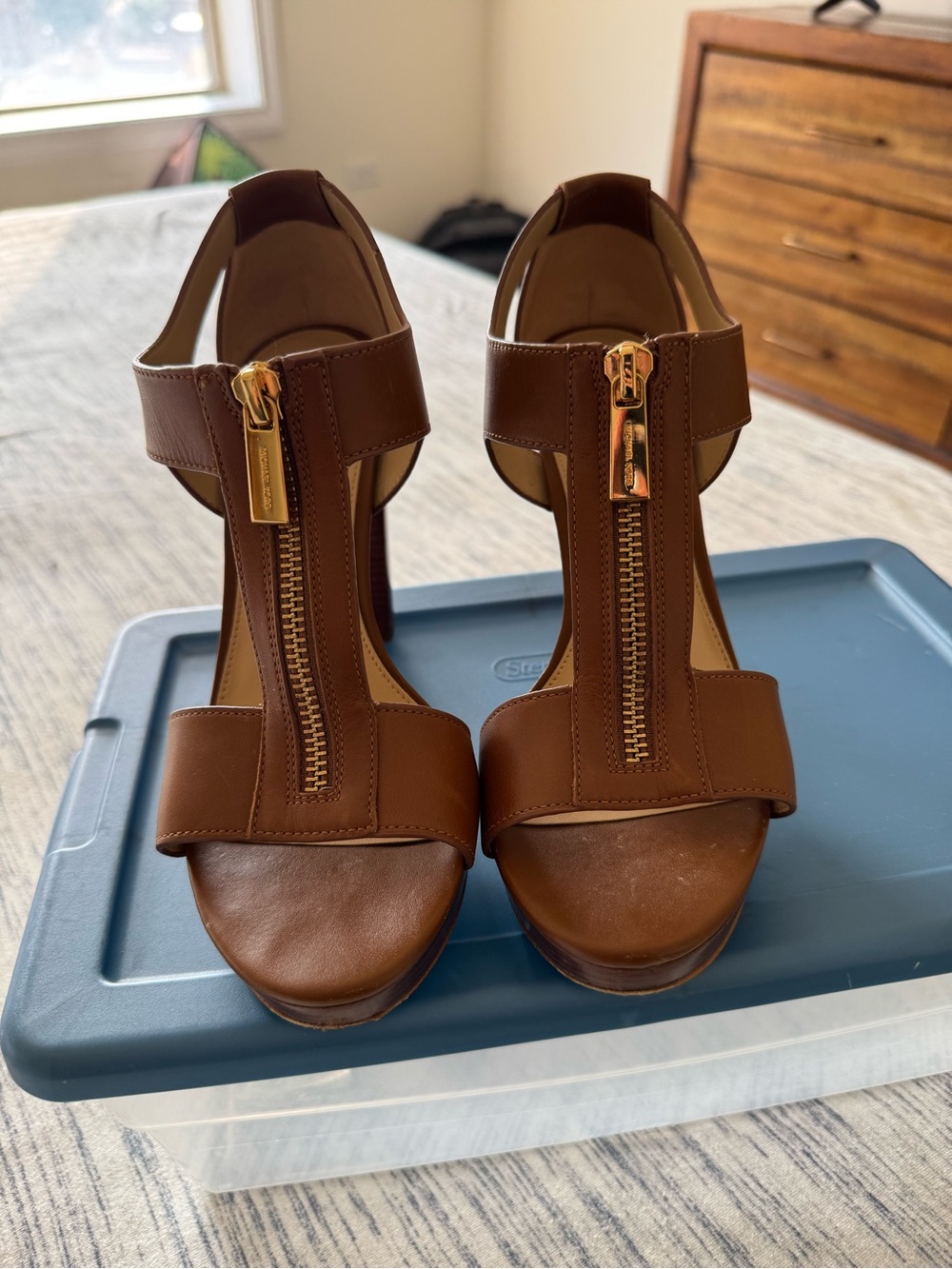 Michael Kors Brown Leather T-Strap Platform Heels with Gold Zipper